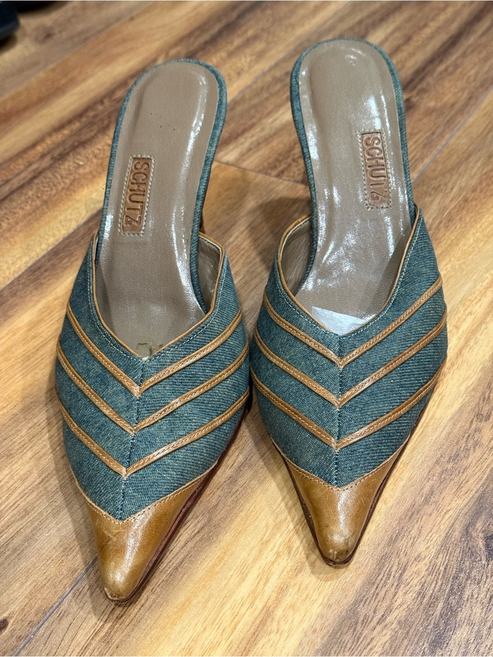 SCHUTZ Green and Tan Pointed Slip-On Mules